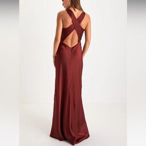 Lulu’s Effortlessly Sensational Wine Red Satin Black Tie Maxi Dress